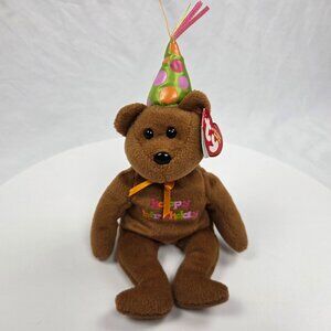 TY Beanie Baby - HAPPY BIRTHDAY the Bear (2008 Brown w/ hat) (9.5 inch) NWT
